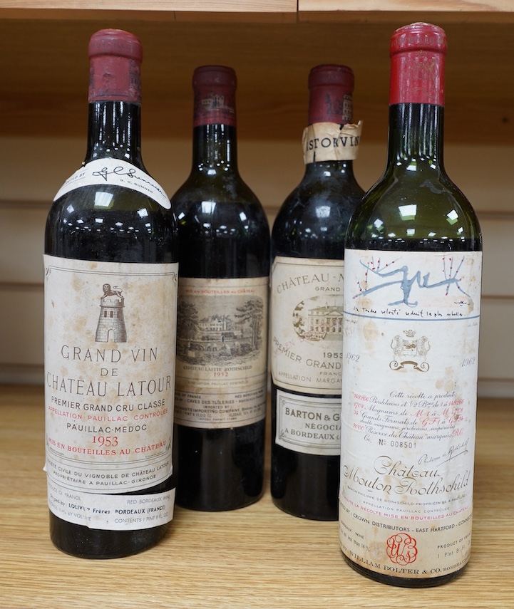 Four bottles of red wine; a Chateau Latour 1953, a Chateau Margaux 1953, a Chateau Mouton Rothschild, 1962, and a Chateau Rothschild 1952. Condition - fair to good, some foxing and peeling etc to labels